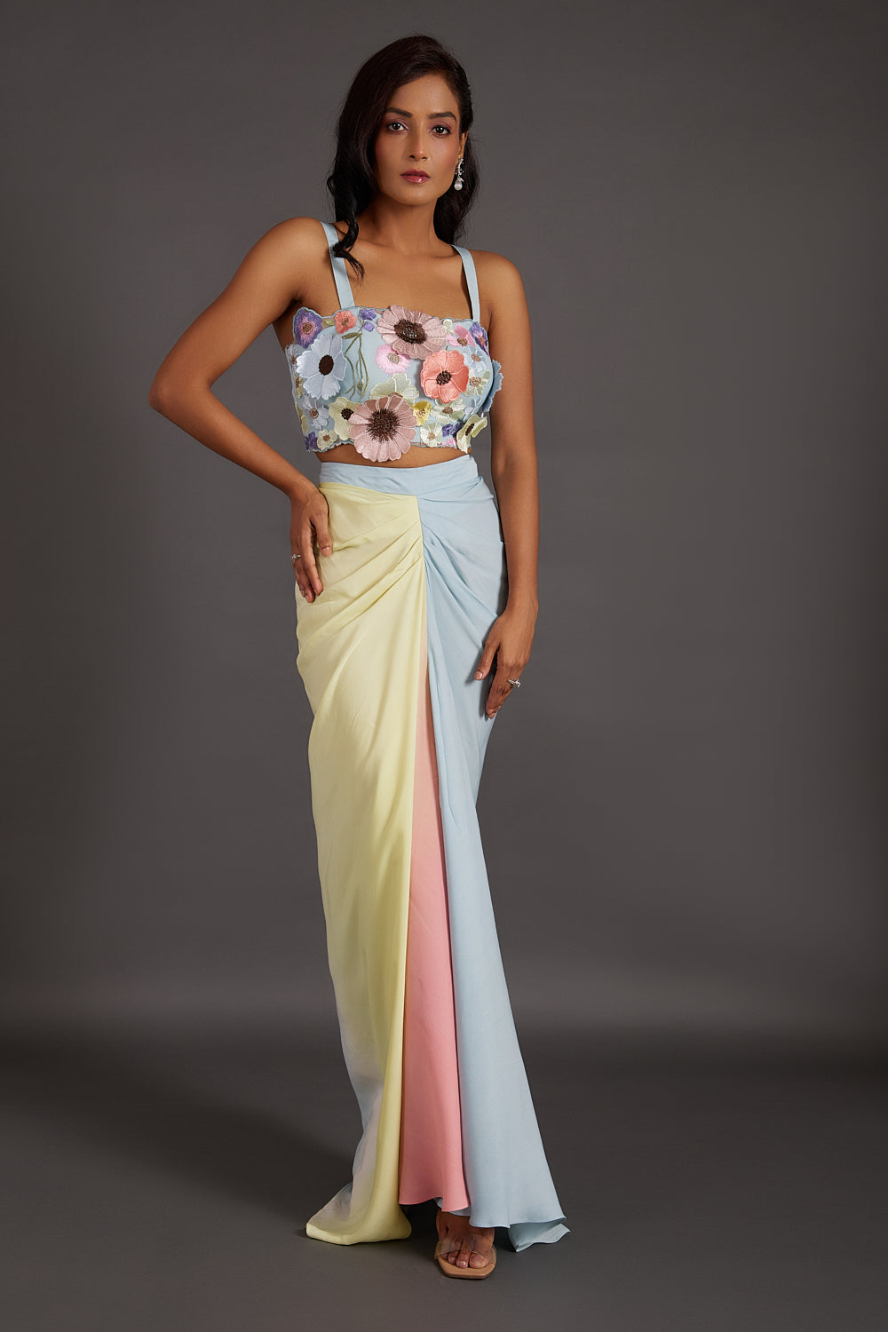 Ice Blue Multicolour 3-D Floral Dhoti Cape Set