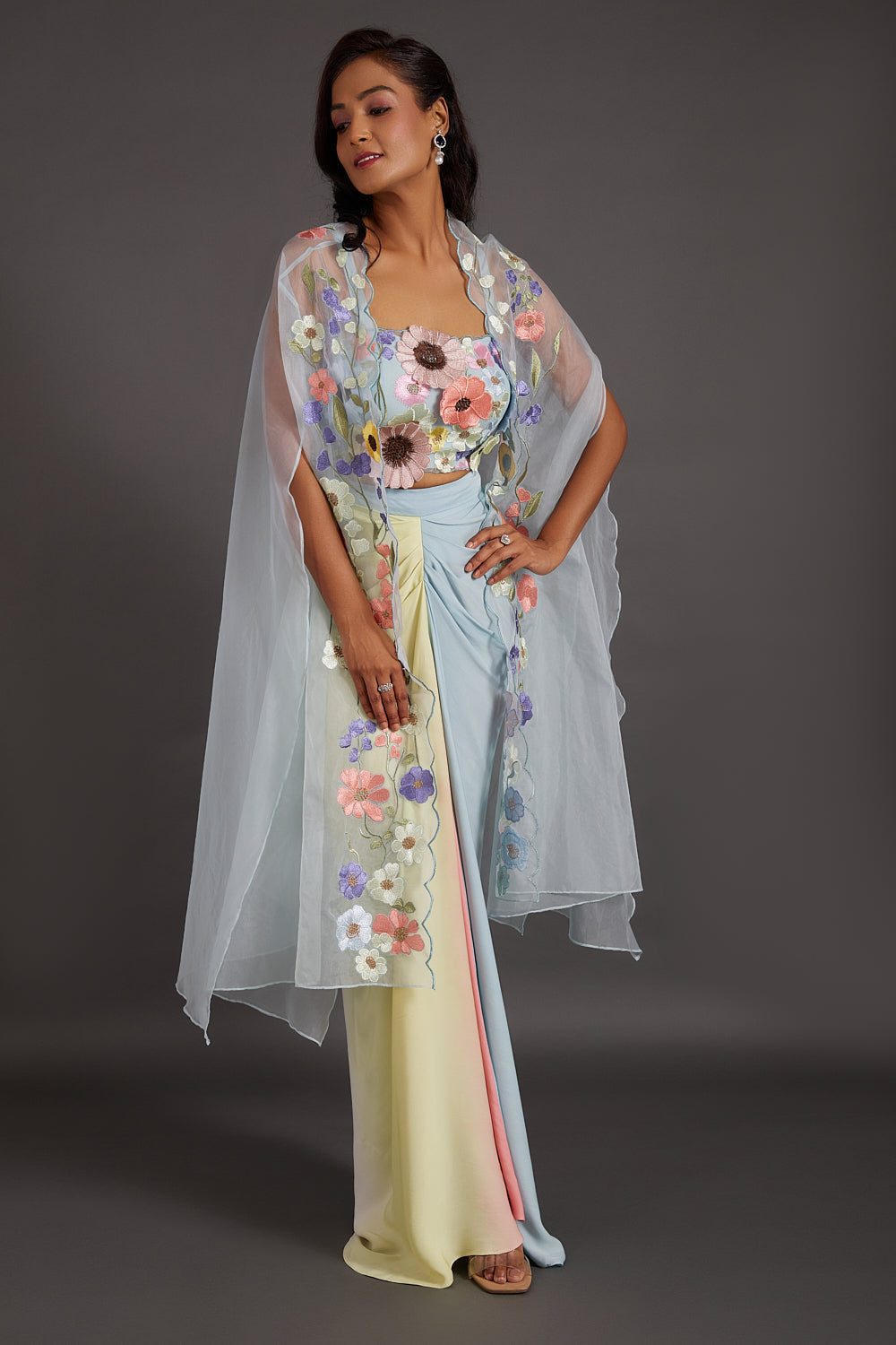 Ice Blue Multicolour 3-D Floral Dhoti Cape Set