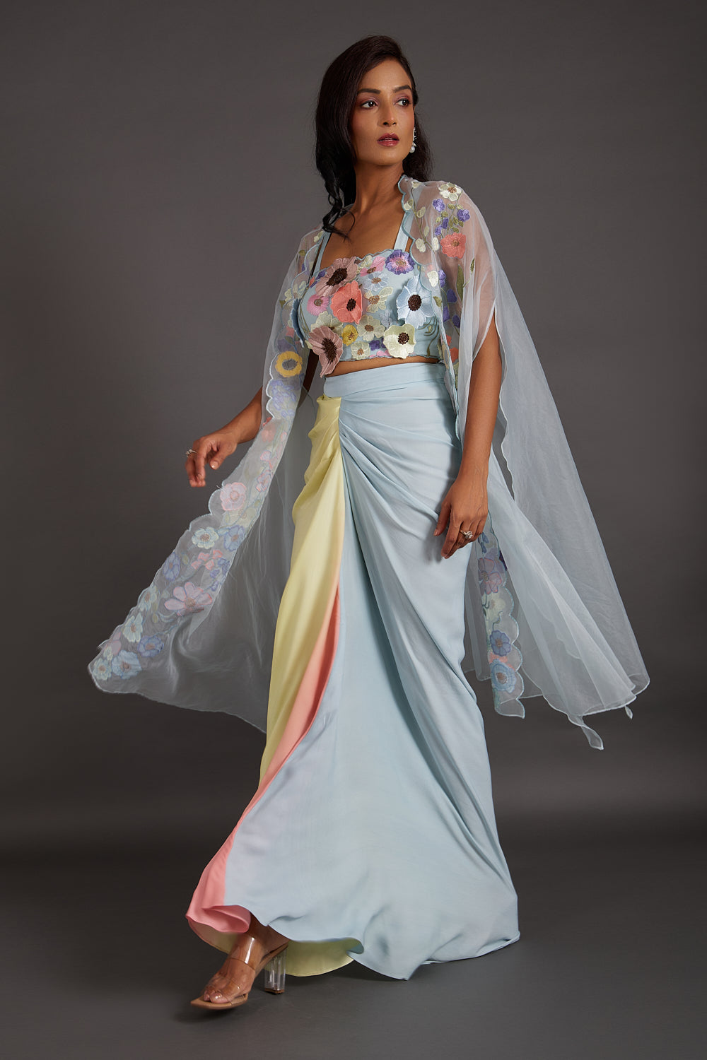 Ice Blue Multicolour 3-D Floral Dhoti Cape Set