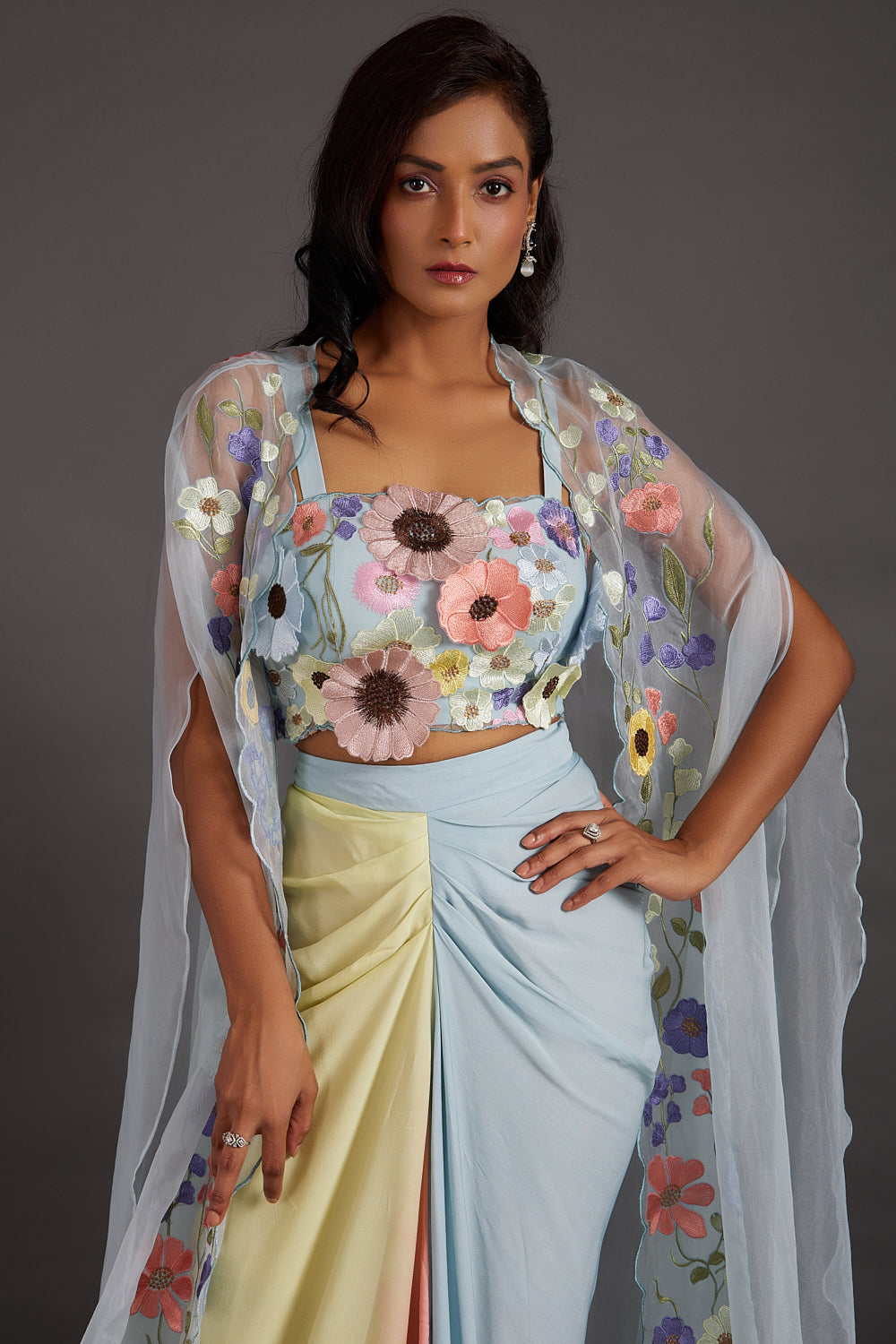Ice Blue Multicolour 3-D Floral Dhoti Cape Set