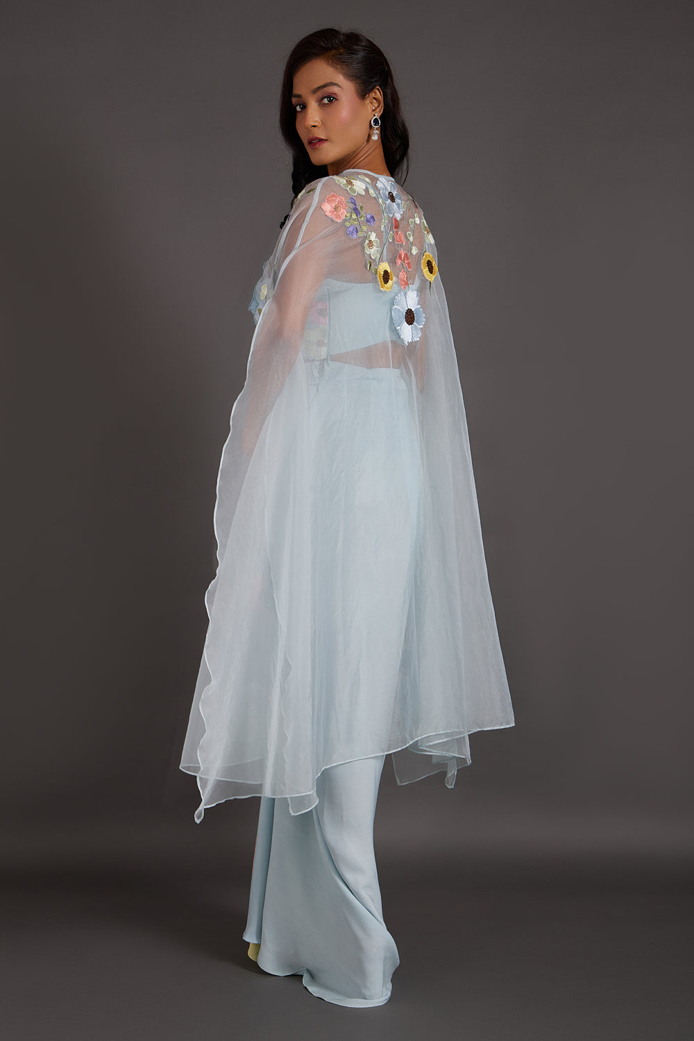 Ice Blue Multicolour 3-D Floral Dhoti Cape Set