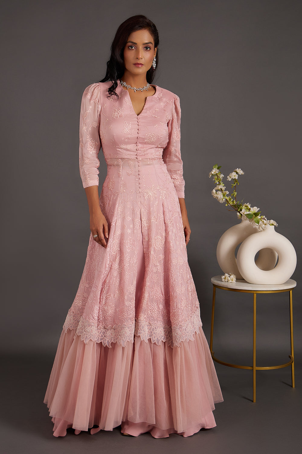 Dusty Pink Anarkali With Skirt Set