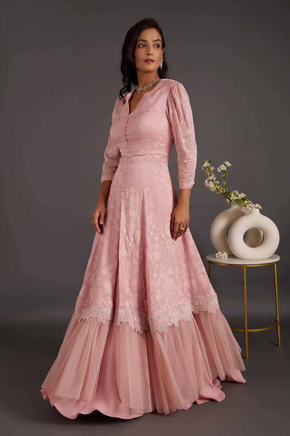 Dusty Pink Anarkali With Skirt Set
