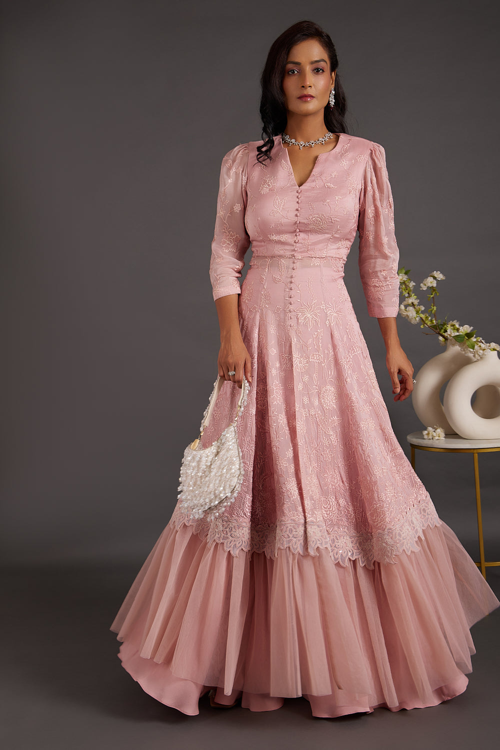 Dusty Pink Anarkali With Skirt Set