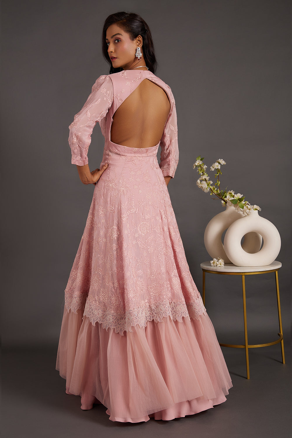 Dusty Pink Anarkali With Skirt Set