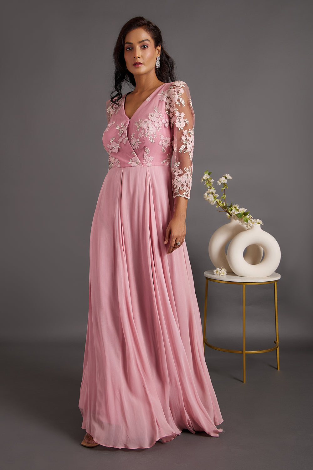 Orchid Pink floral Embroidered Gown
