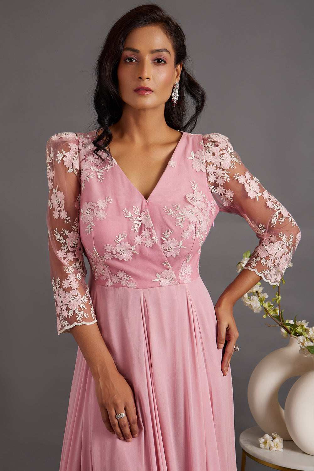 Orchid Pink floral Embroidered Gown