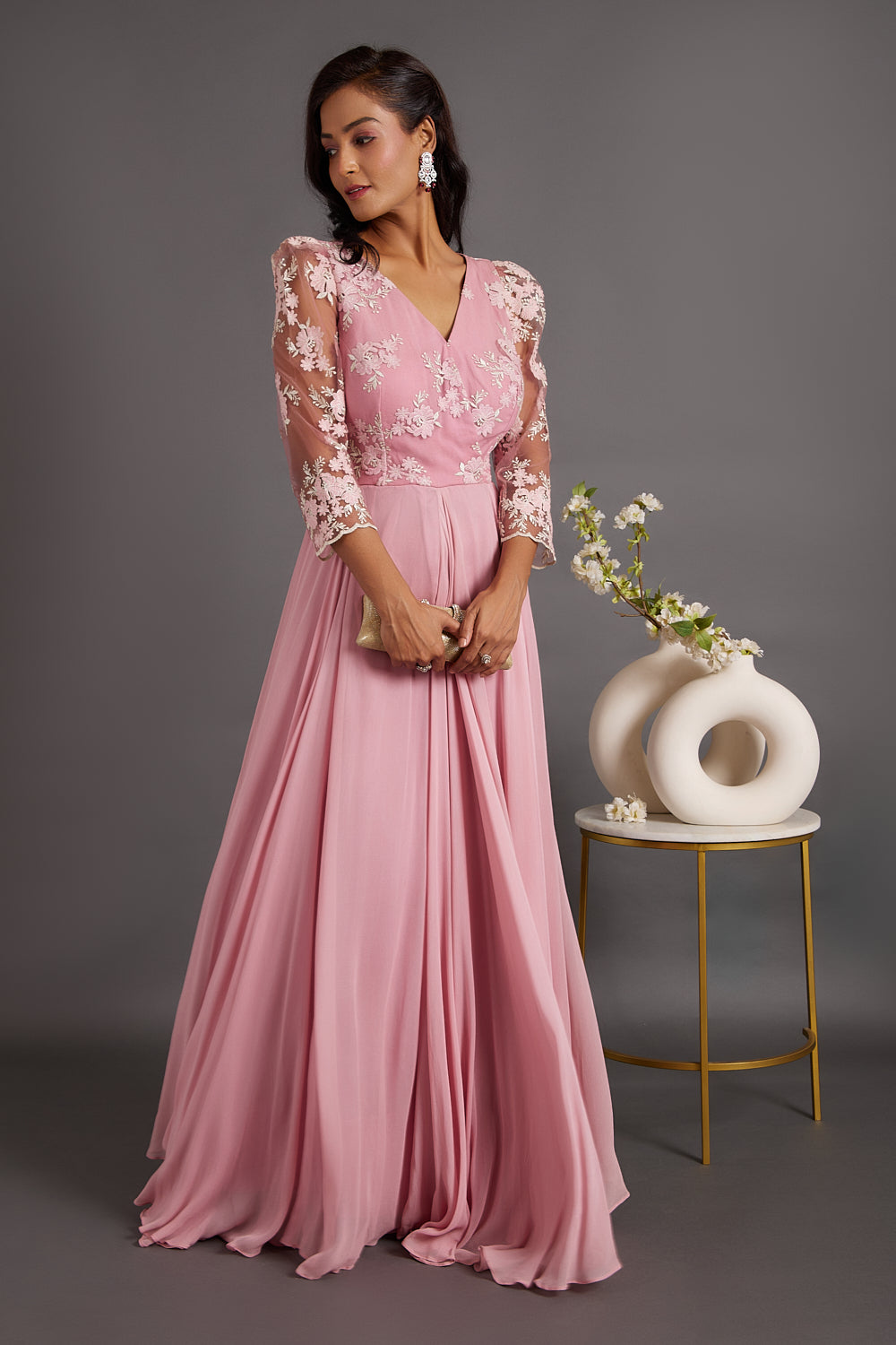 Orchid Pink floral Embroidered Gown