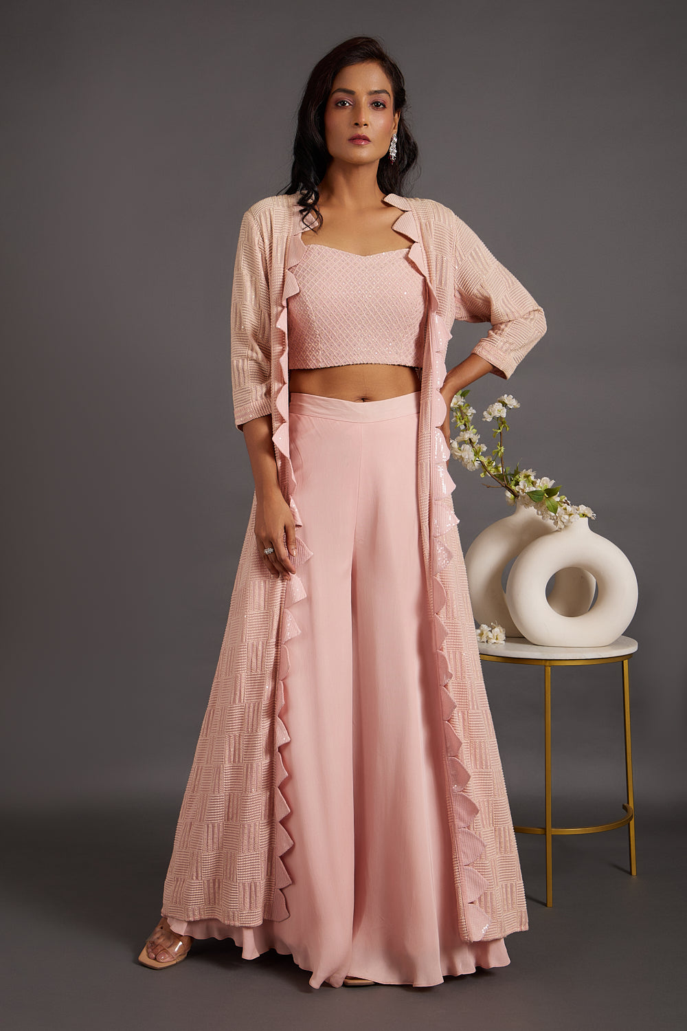 Peach Dust Cape with Sharara Set