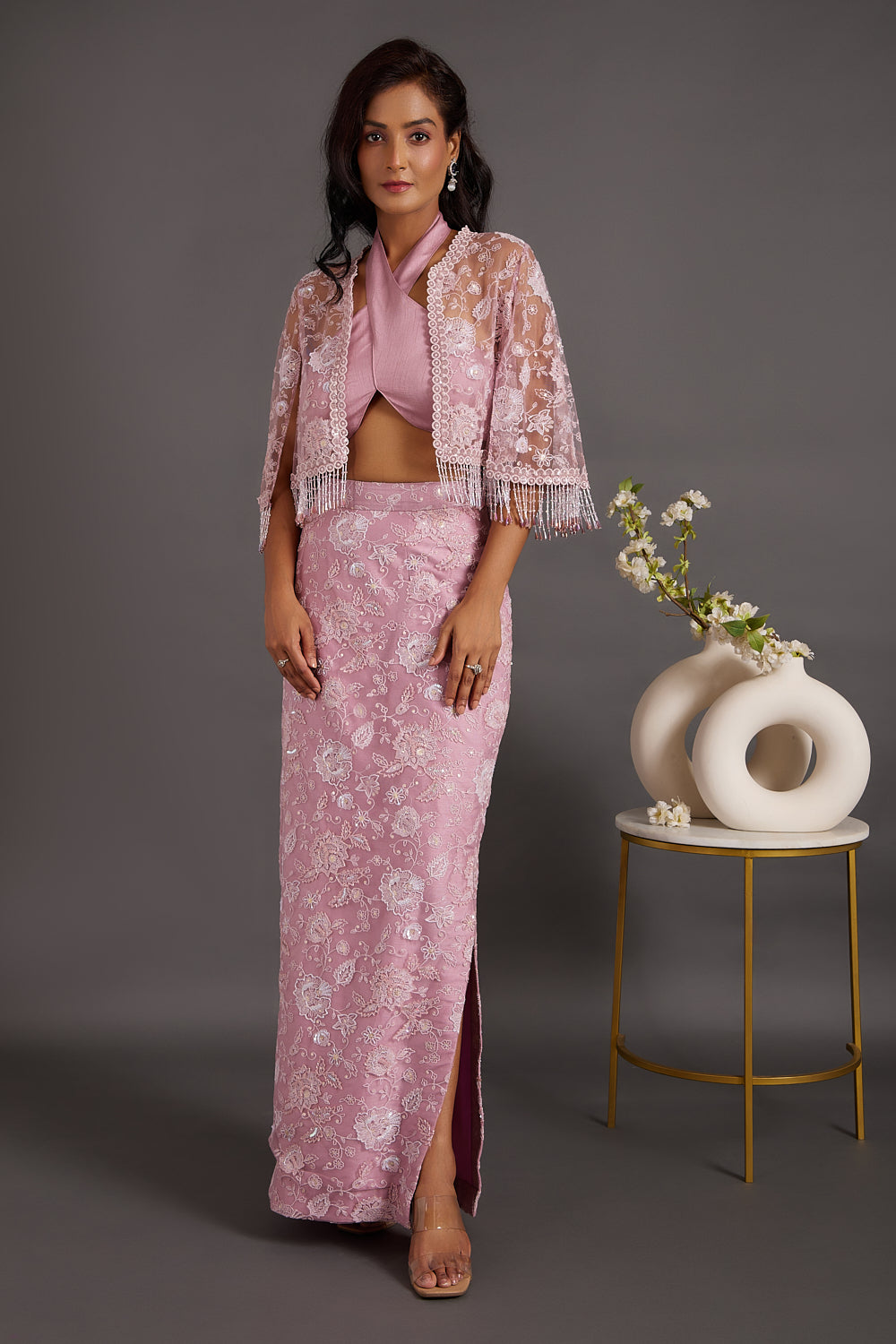 French Lilac Embroidered Cape With Side Slit Skirt