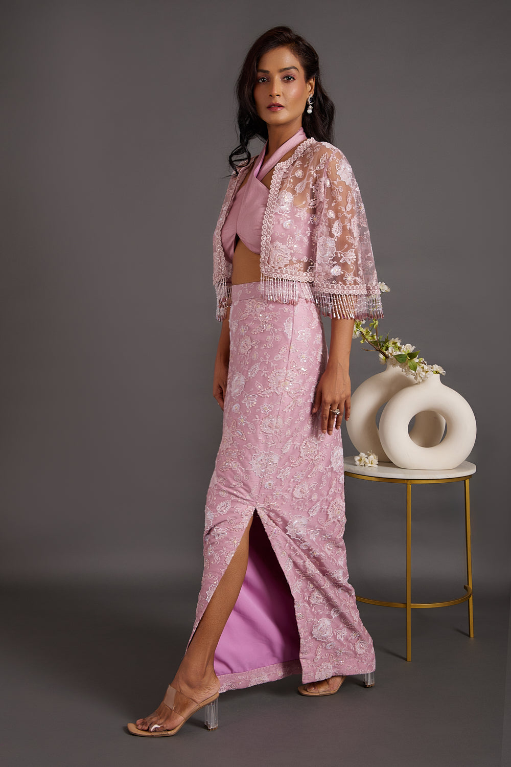 French Lilac Embroidered Cape With Side Slit Skirt