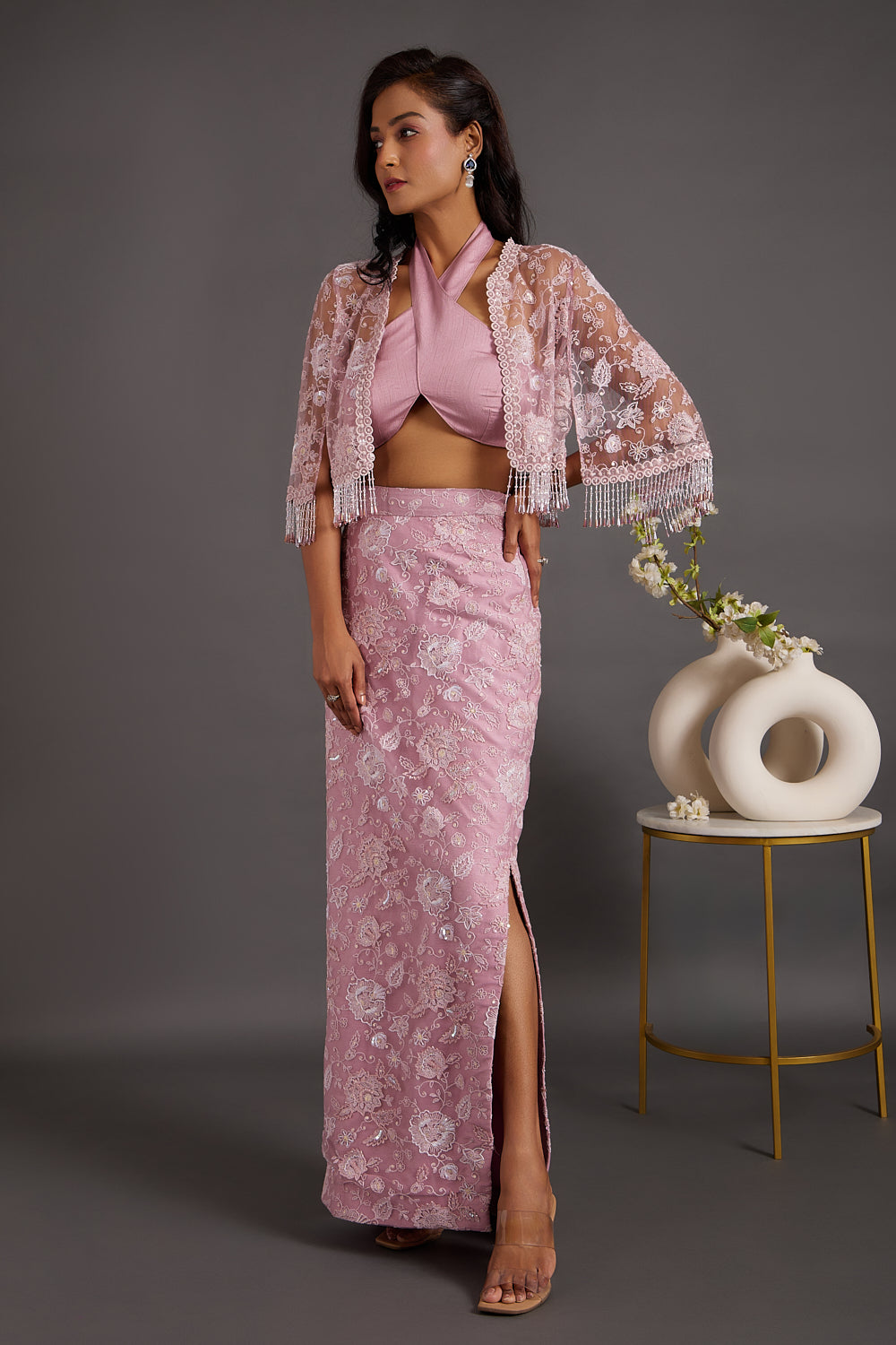 French Lilac Embroidered Cape With Side Slit Skirt