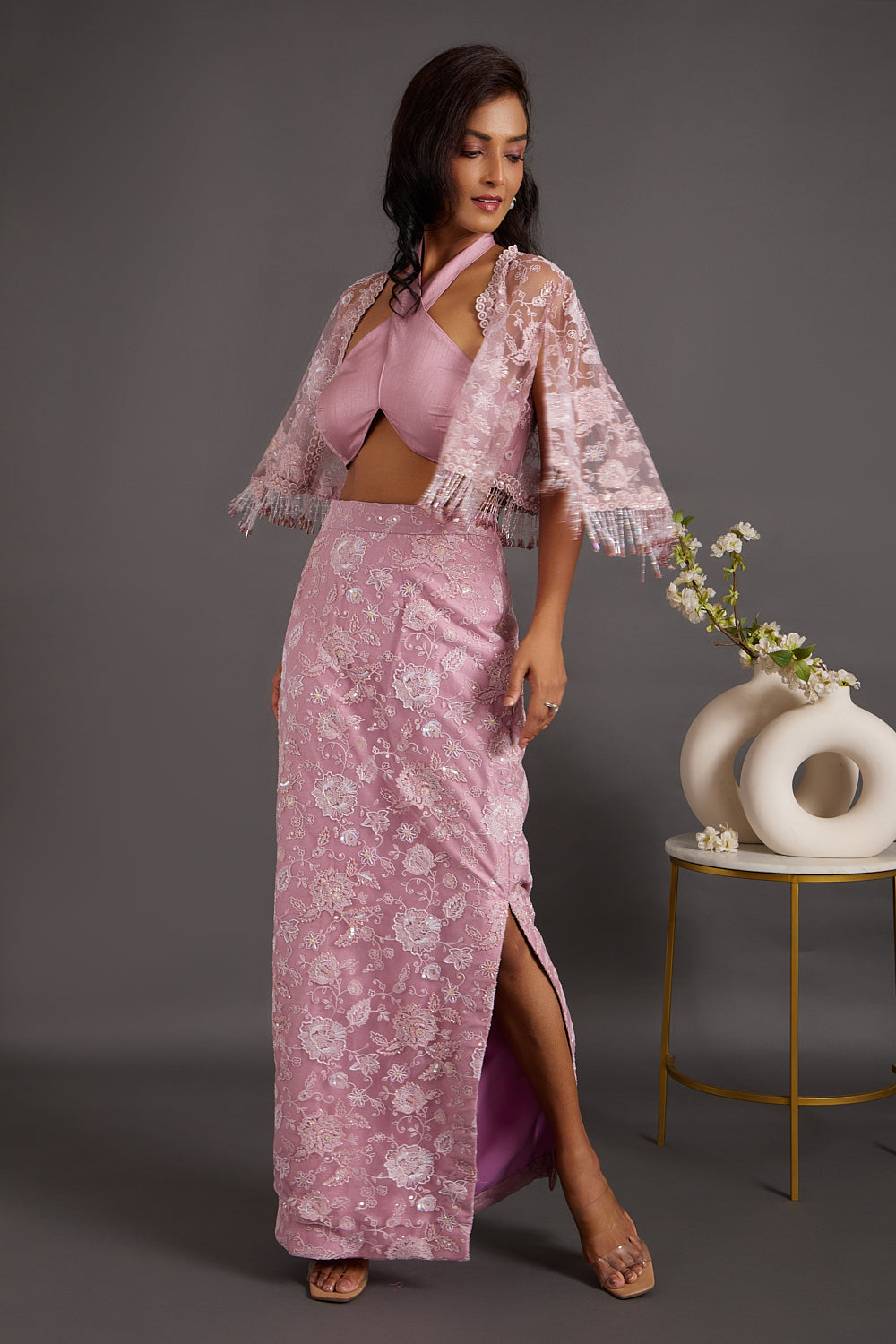 French Lilac Embroidered Cape With Side Slit Skirt