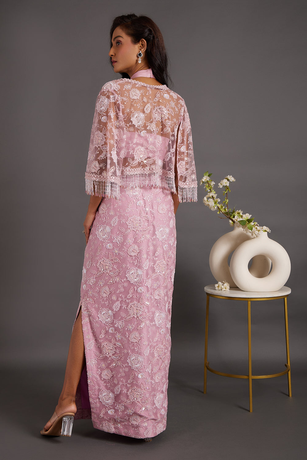 French Lilac Embroidered Cape With Side Slit Skirt