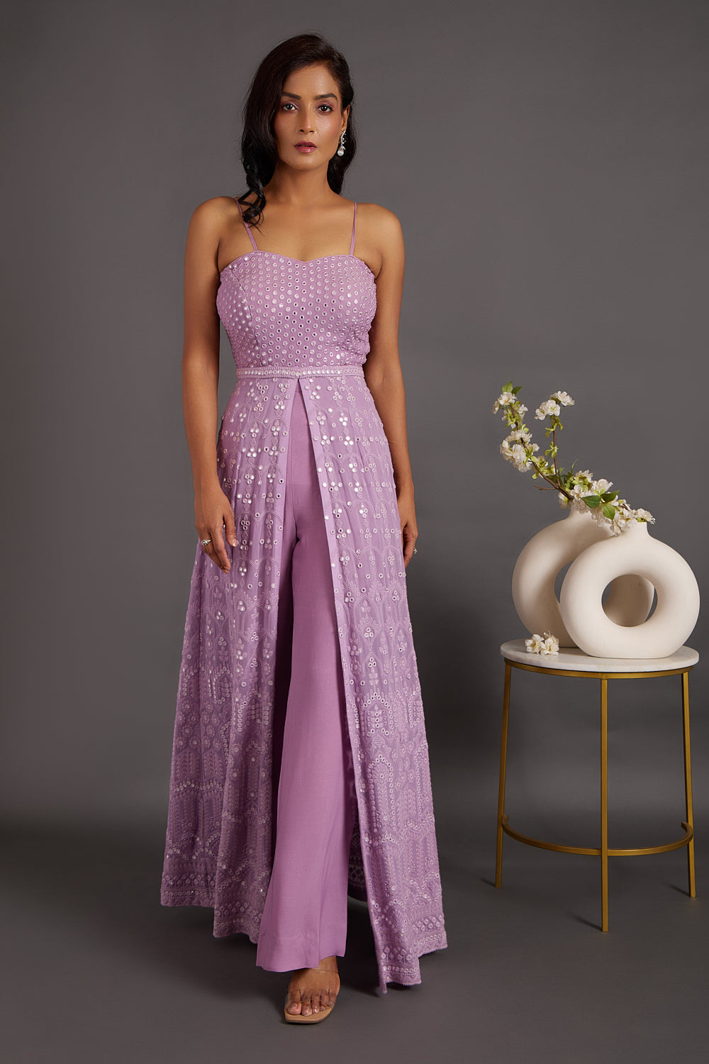 Wild berry Lucknawi Anarkali with Pants Set