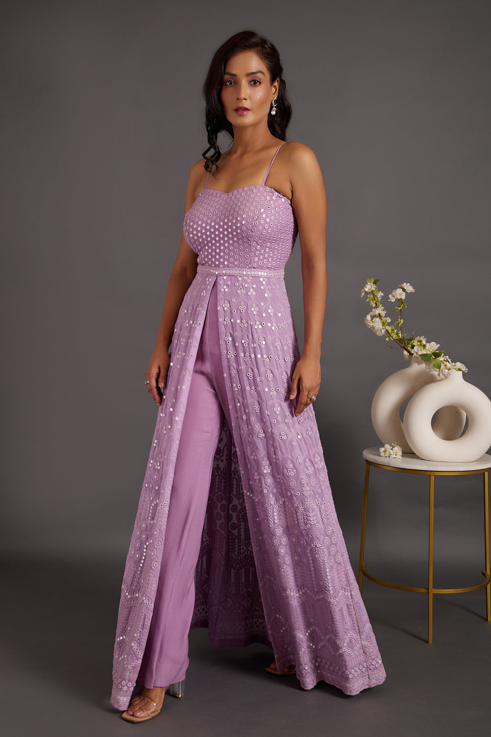 Wild berry Lucknawi Anarkali with Pants Set