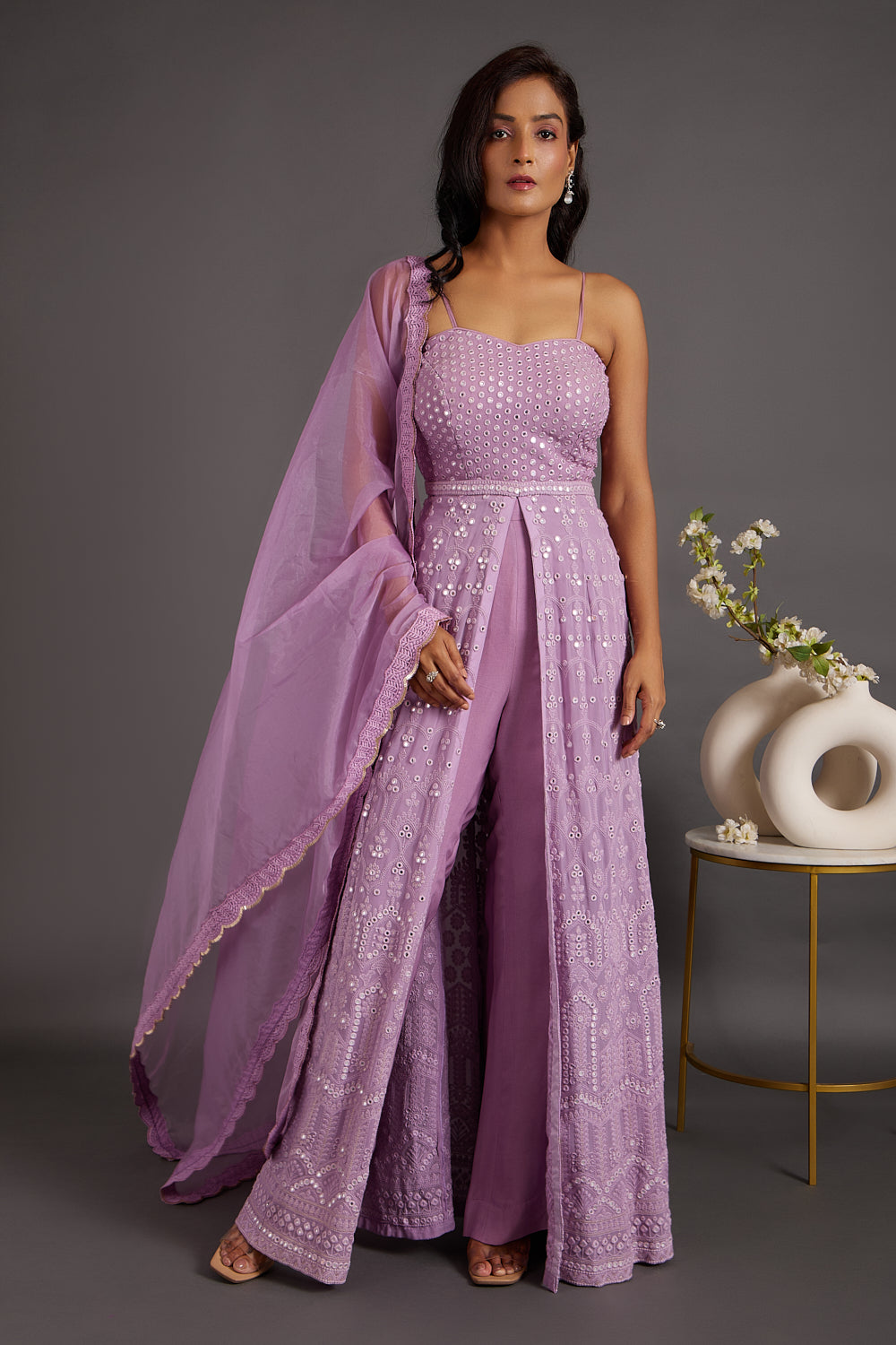 Wild berry Lucknawi Anarkali with Pants Set