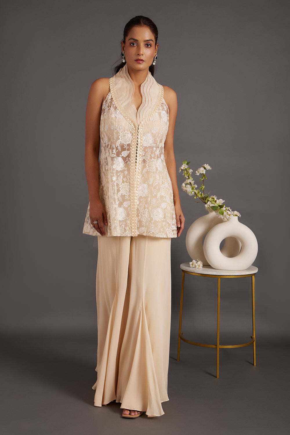 Champagne White Lace Embroidered Flared Pants Set