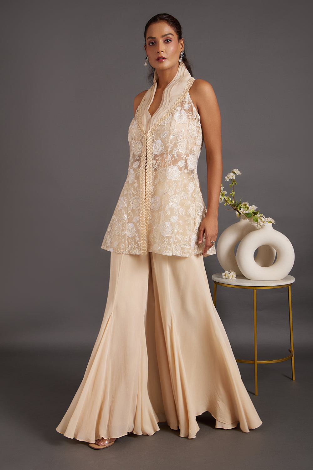 Champagne White Lace Embroidered Flared Pants Set