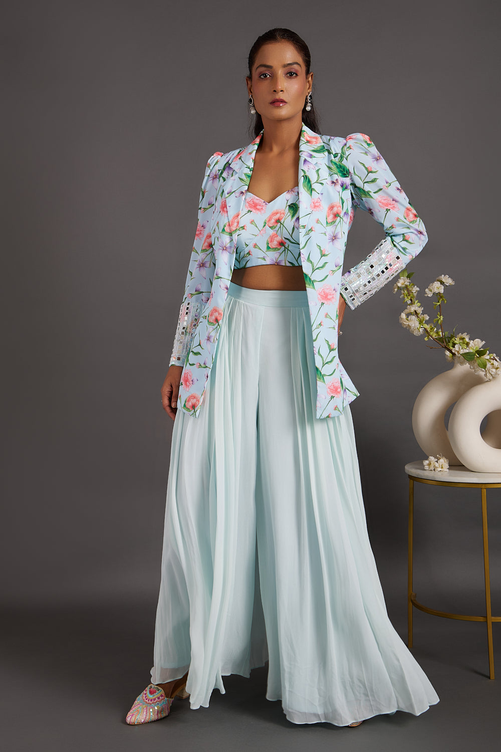 Ice Blue printed jacket with pleated pants set