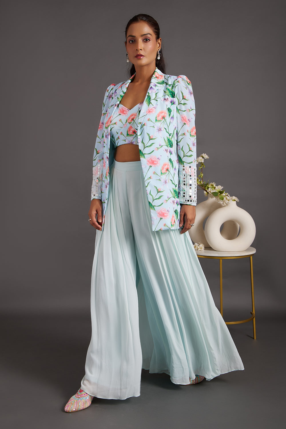 Ice Blue printed jacket with pleated pants set