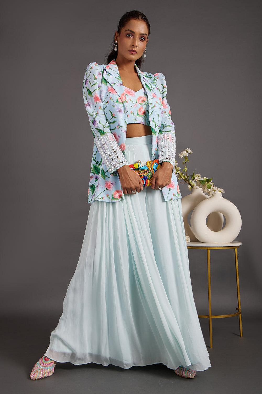 Ice Blue printed jacket with pleated pants set