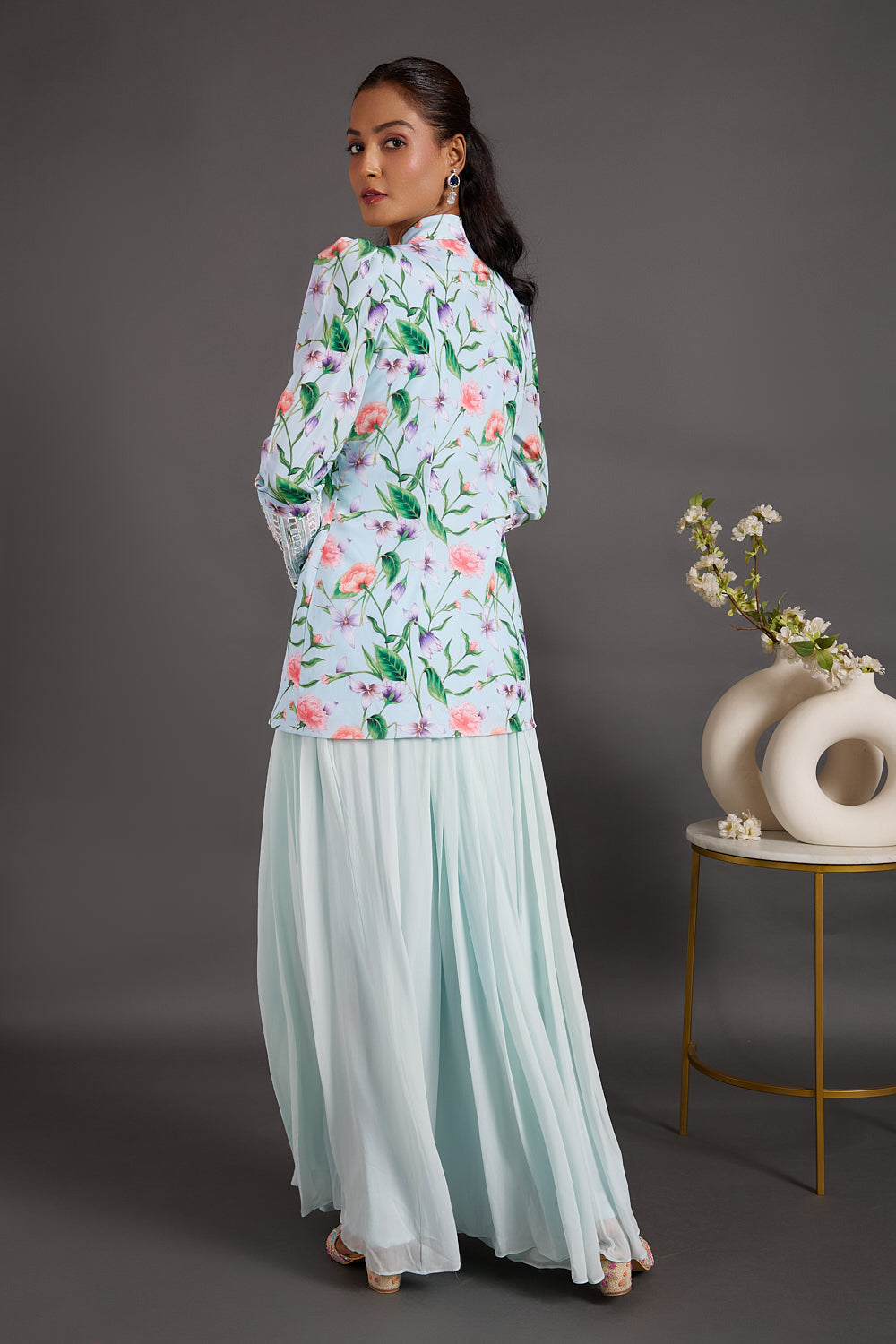 Ice Blue printed jacket with pleated pants set