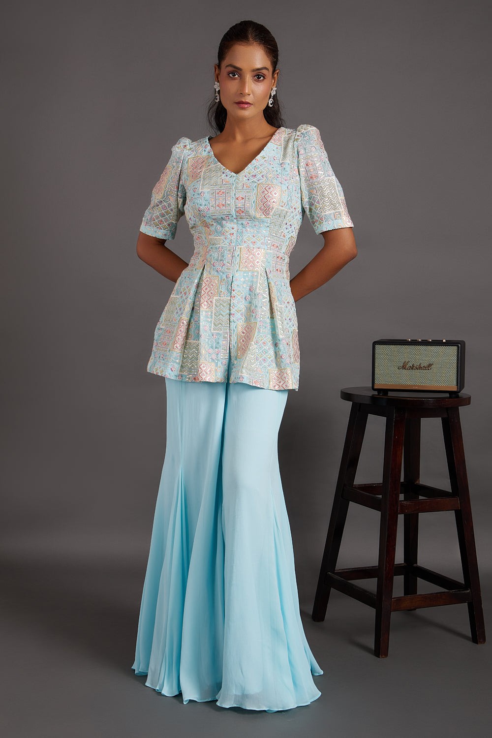 Sapphire Blue Embroidered Peplum Top with Flared Pants