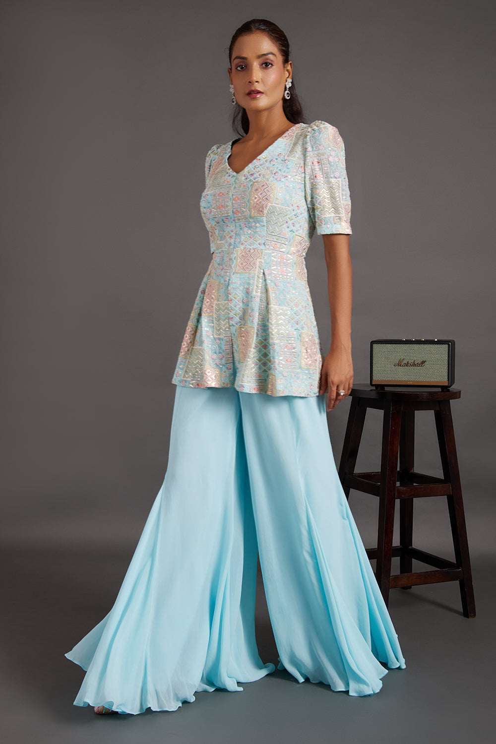 Sapphire Blue Embroidered Peplum Top with Flared Pants