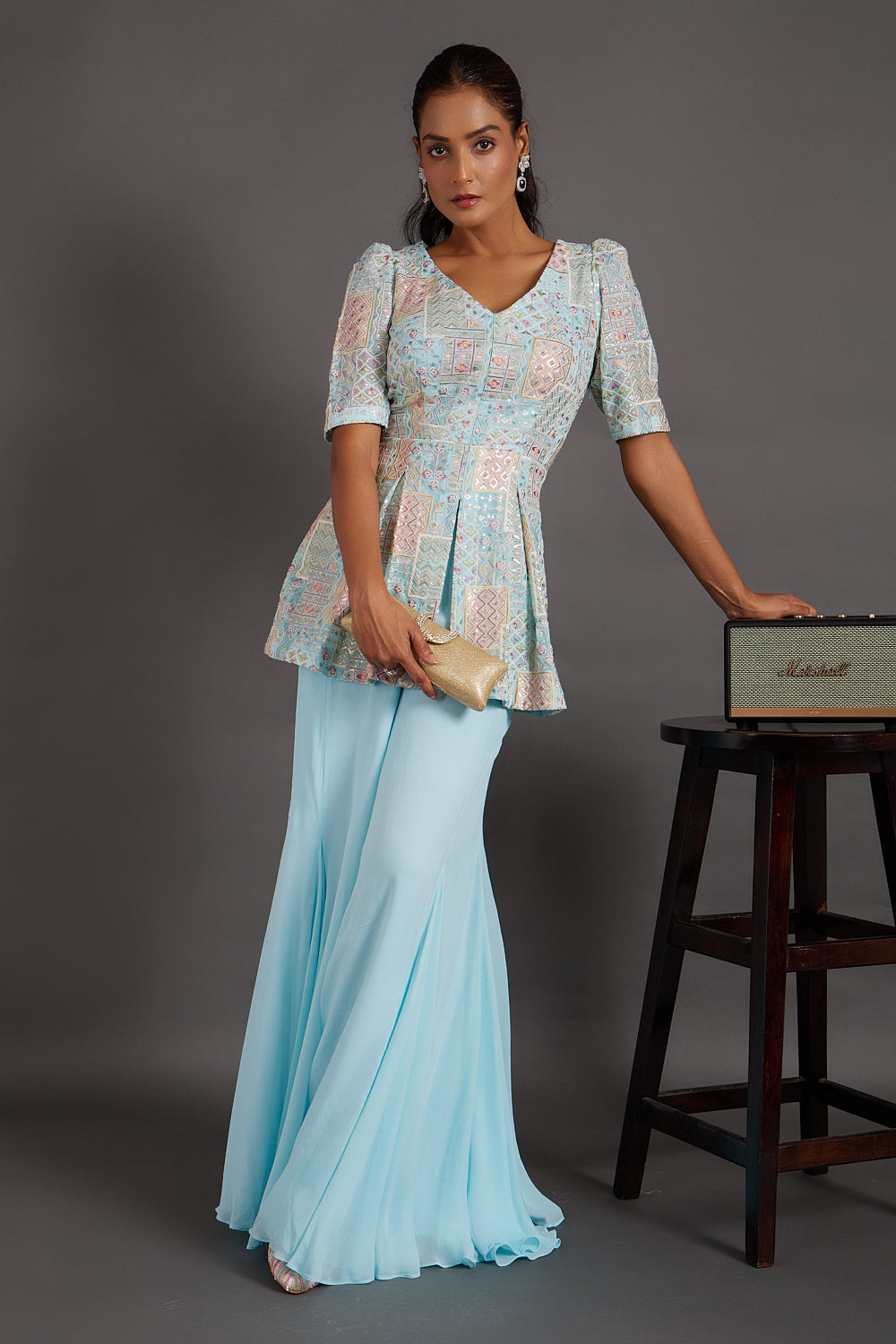 Sapphire Blue Embroidered Peplum Top with Flared Pants – Kiara