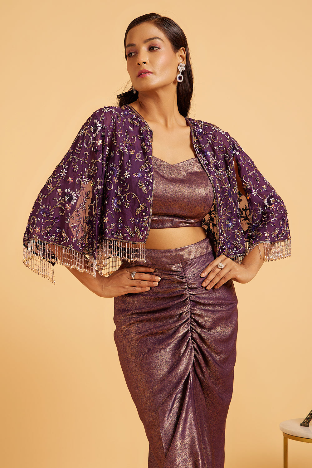 Gold Shimmer Aubergine Hand Embroidered Cape With Dhoti Skirt Set