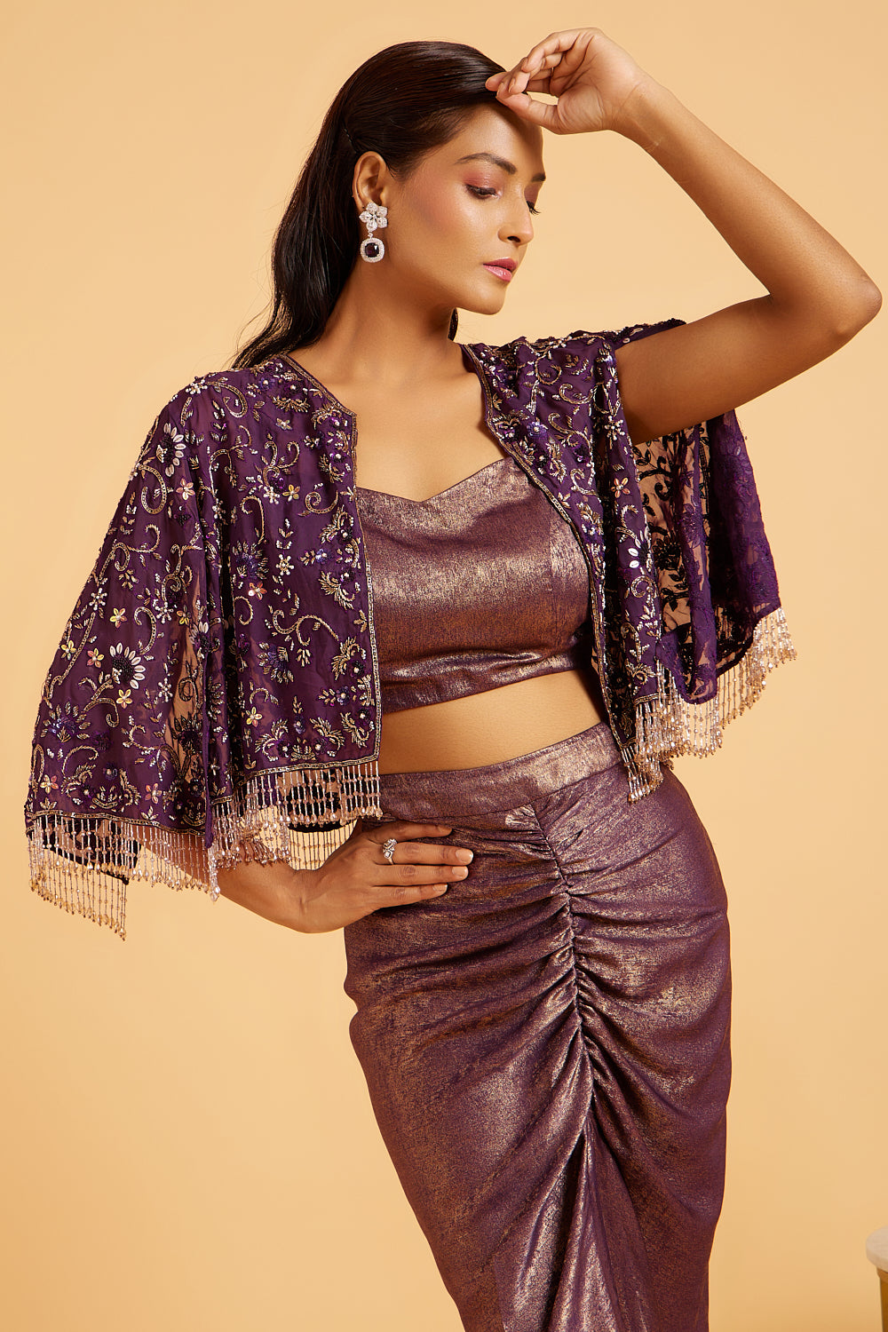 Gold Shimmer Aubergine Hand Embroidered Cape With Dhoti Skirt Set