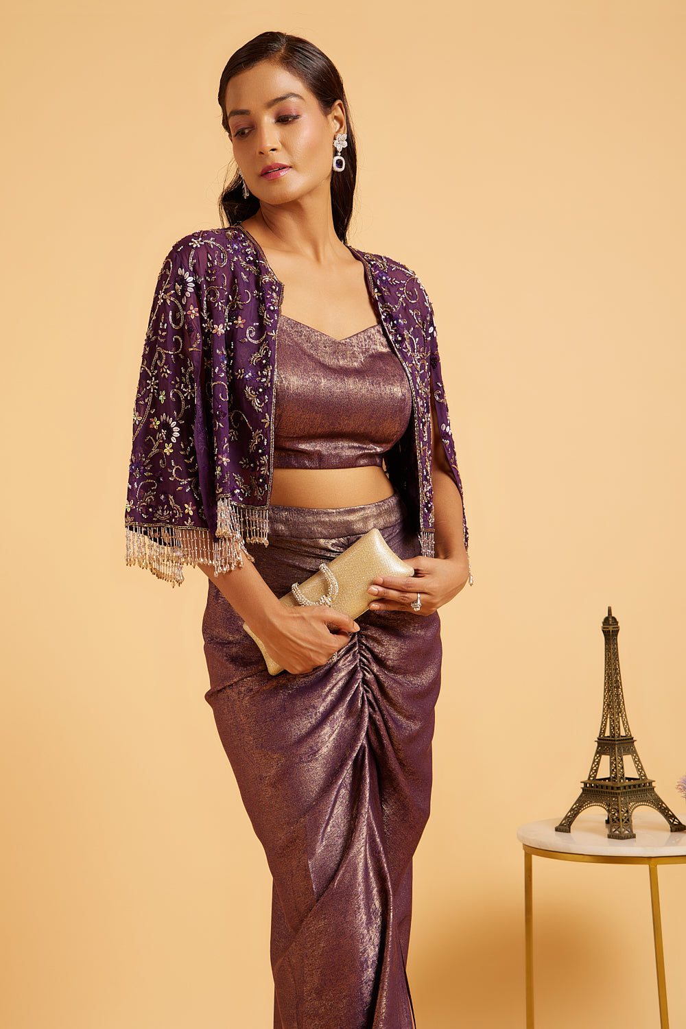 Gold Shimmer Aubergine Hand Embroidered Cape With Dhoti Skirt Set