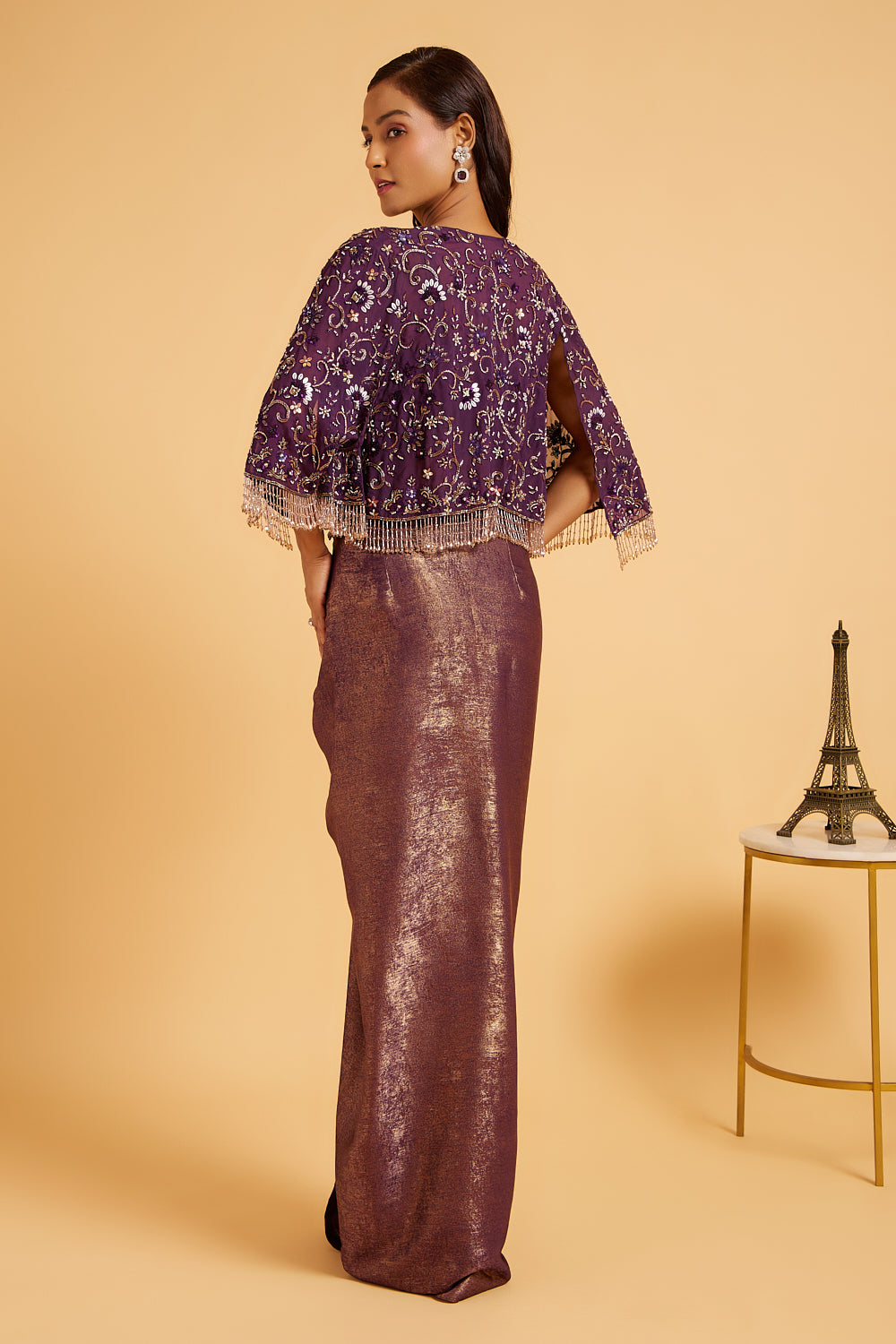 Gold Shimmer Aubergine Hand Embroidered Cape With Dhoti Skirt Set