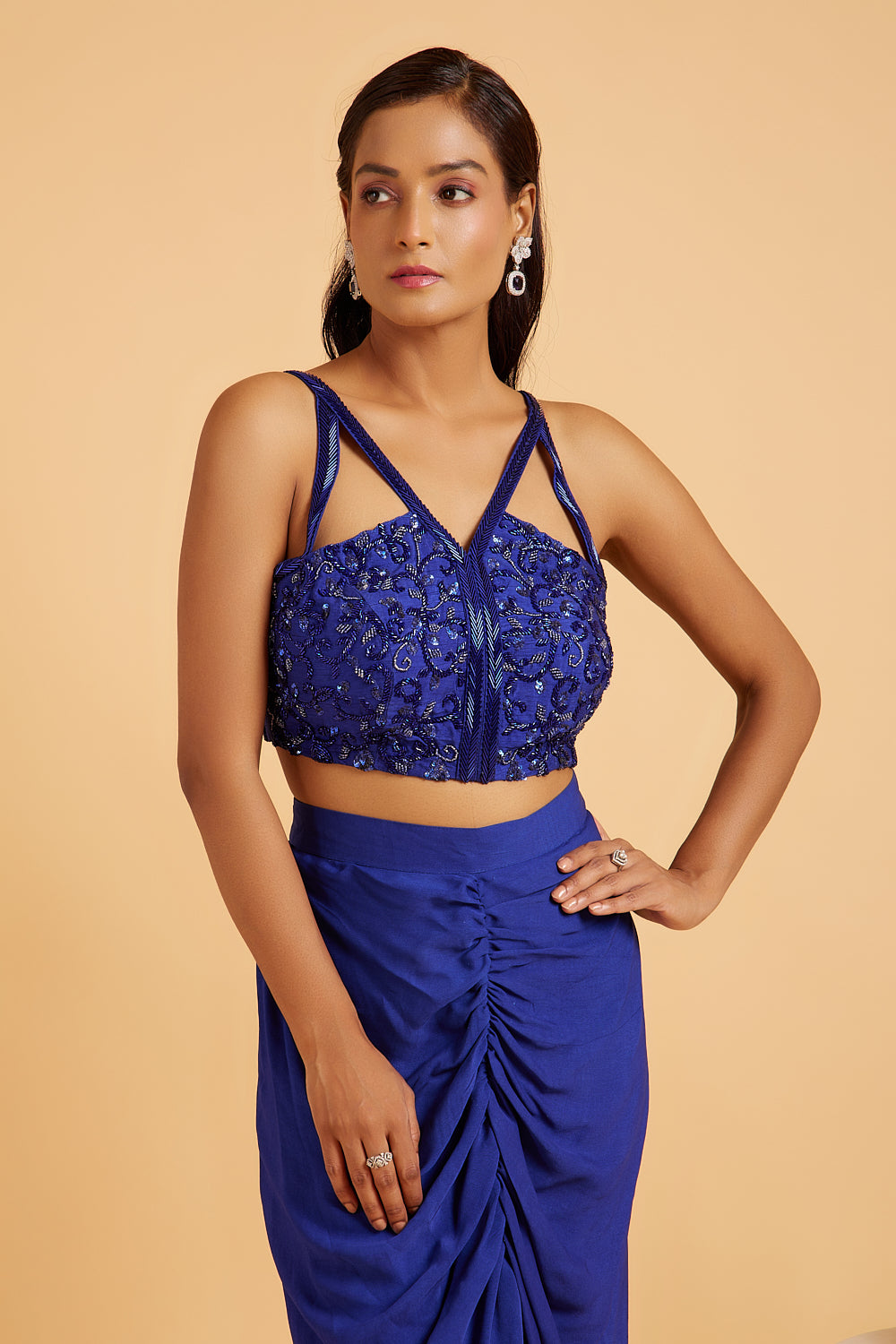 Violet Blue Embroidered Blouse With Cape and Drape Skirt