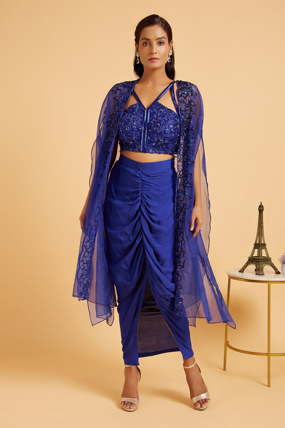 Violet Blue Embroidered Blouse With Cape and Drape Skirt