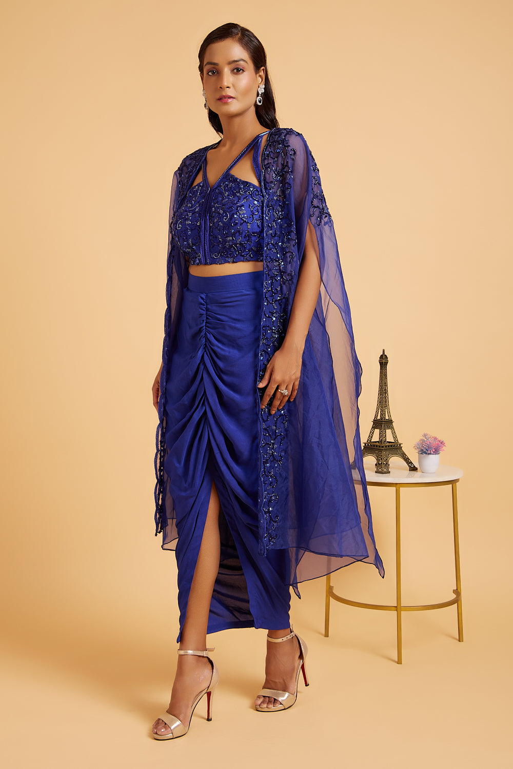 Violet Blue Embroidered Blouse With Cape and Drape Skirt