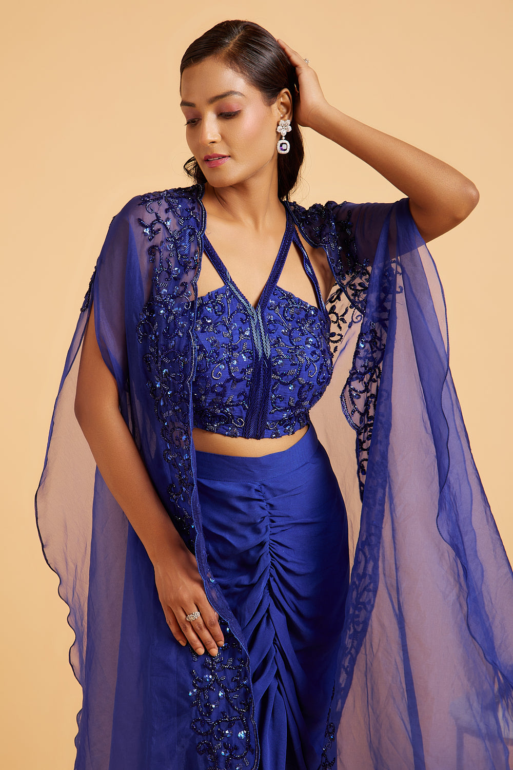 Violet Blue Embroidered Blouse With Cape and Drape Skirt