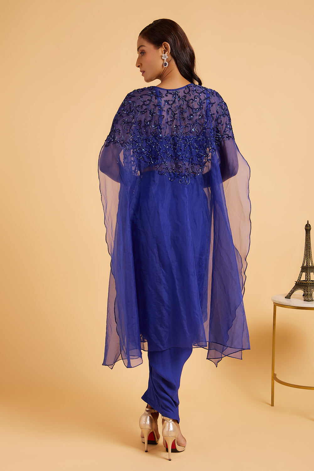 Violet Blue Embroidered Blouse With Cape and Drape Skirt