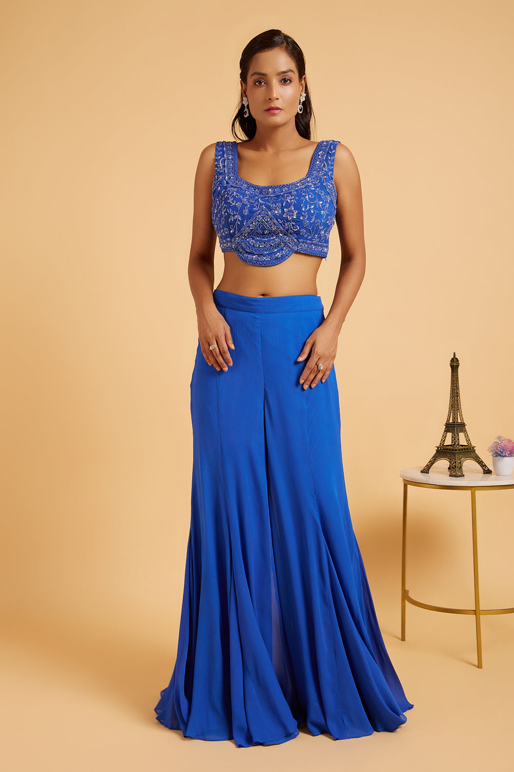 Egyptian Blue Embroidered Blouse With Short Jacket And Flared Pants