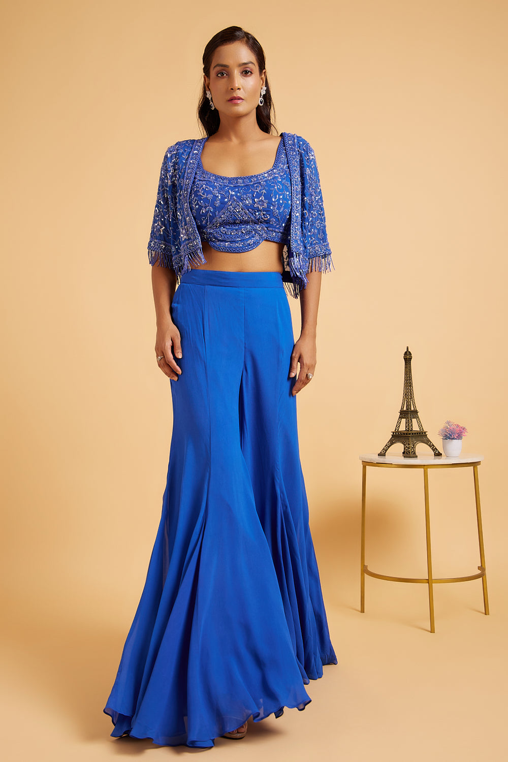 Egyptian Blue Embroidered Blouse With Short Jacket And Flared Pants