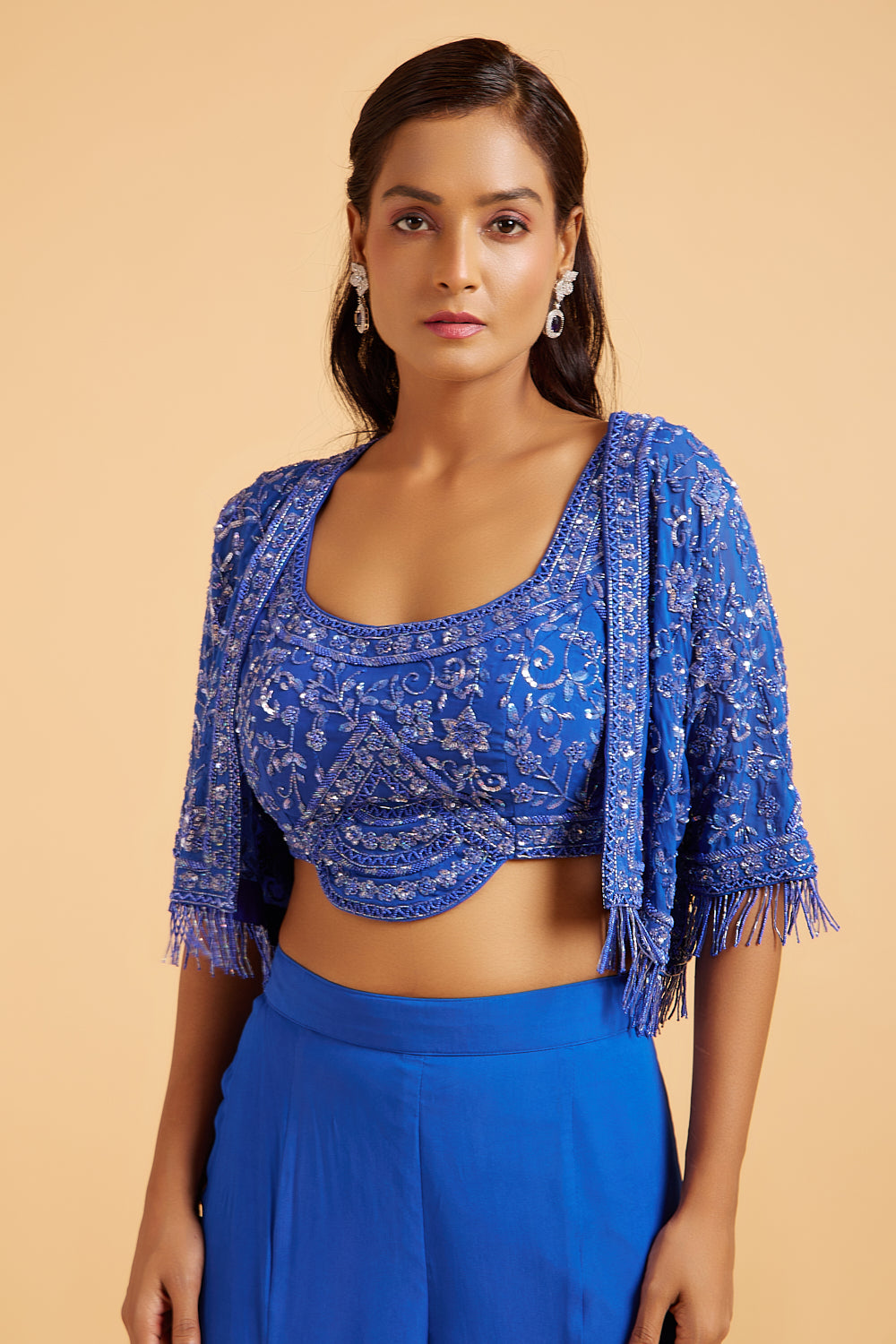 Egyptian Blue Embroidered Blouse With Short Jacket And Flared Pants