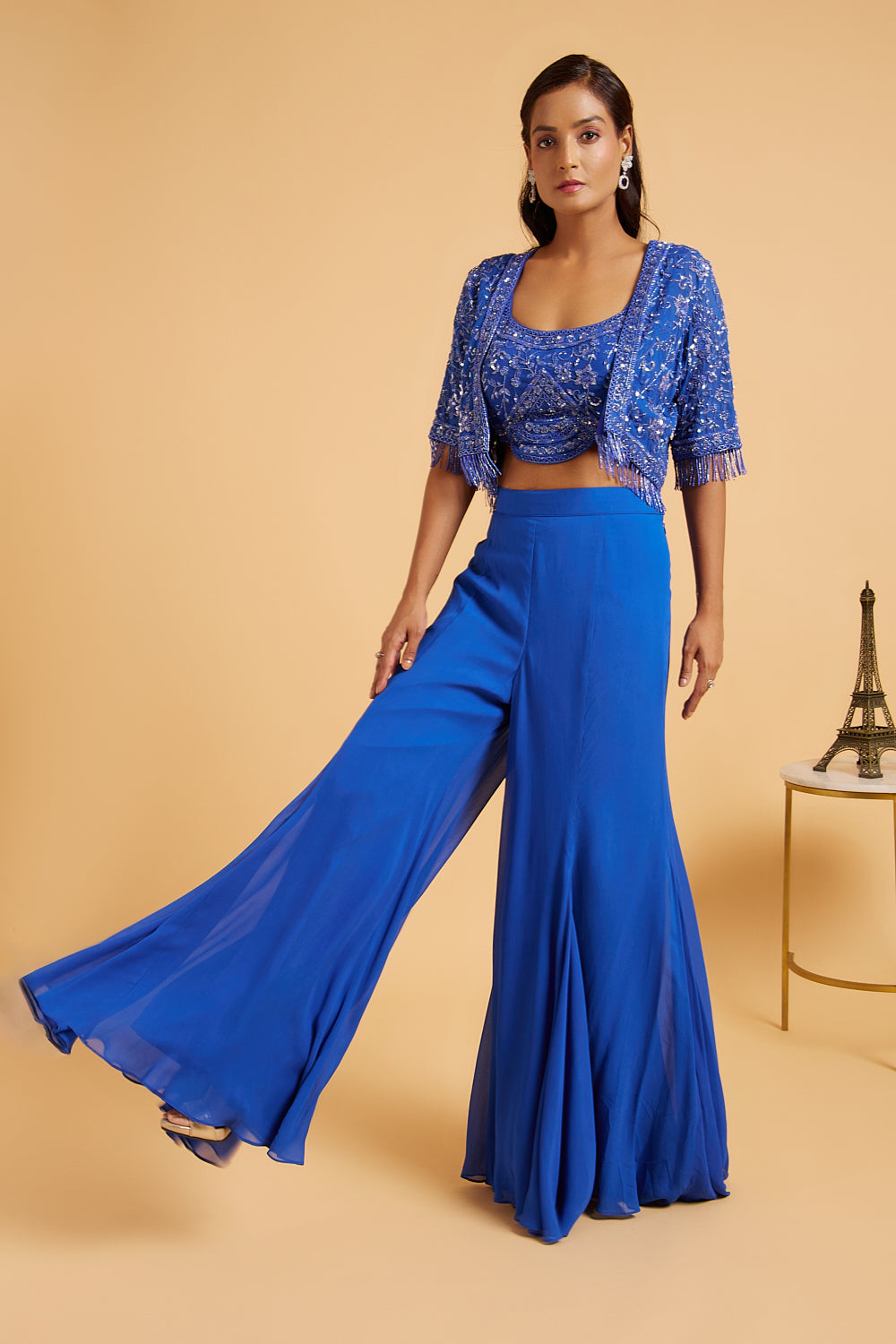 Egyptian Blue Embroidered Blouse With Short Jacket And Flared Pants