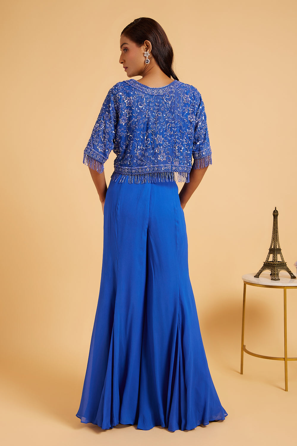 Egyptian Blue Embroidered Blouse With Short Jacket And Flared Pants