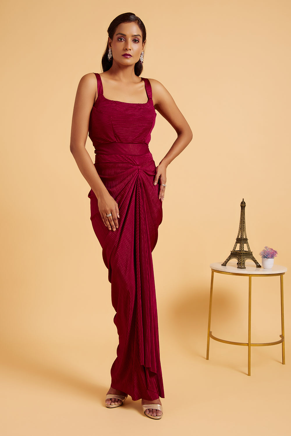 Red Love Embroidered Cape with Drape Gown