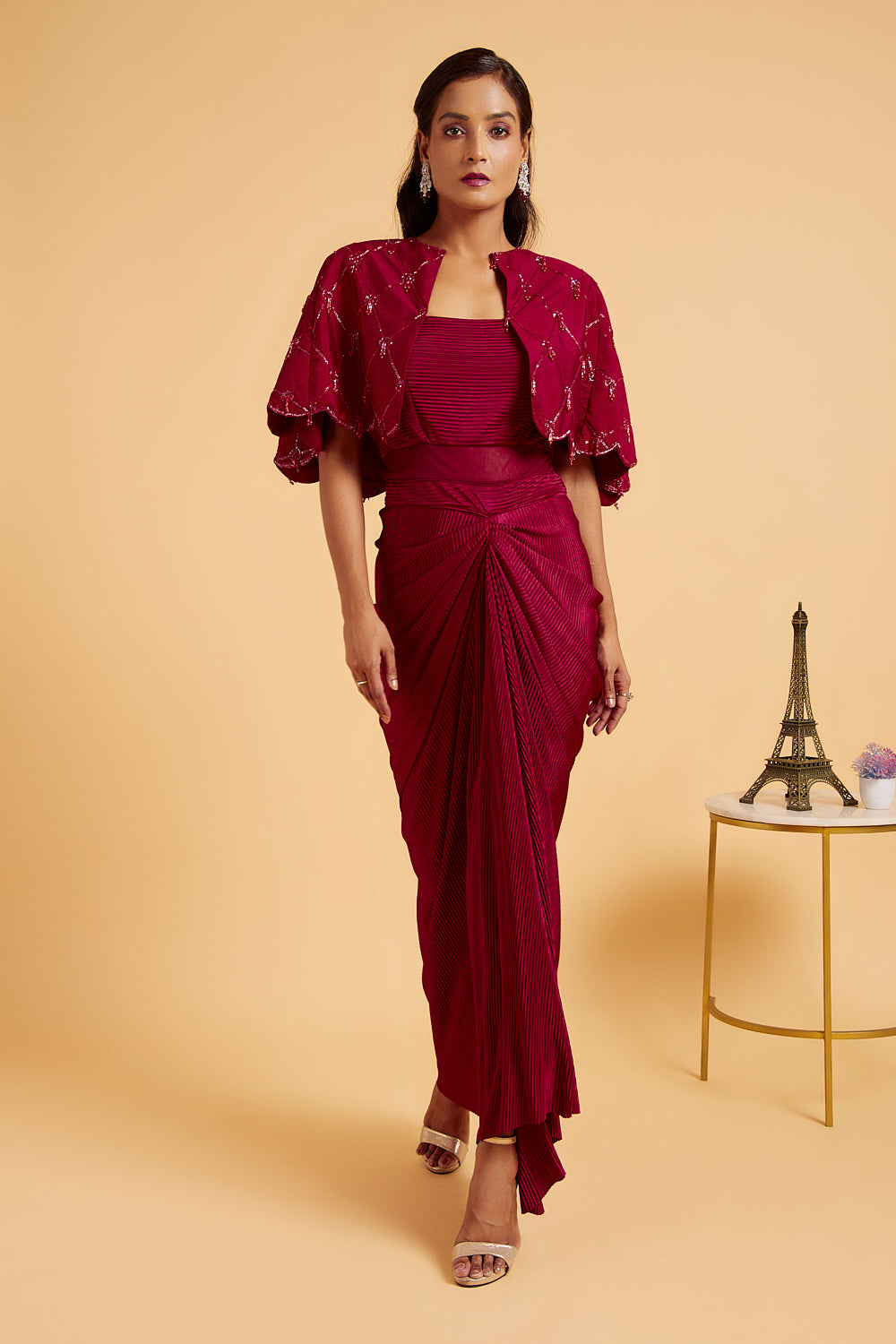 Red Love Embroidered Cape with Drape Gown