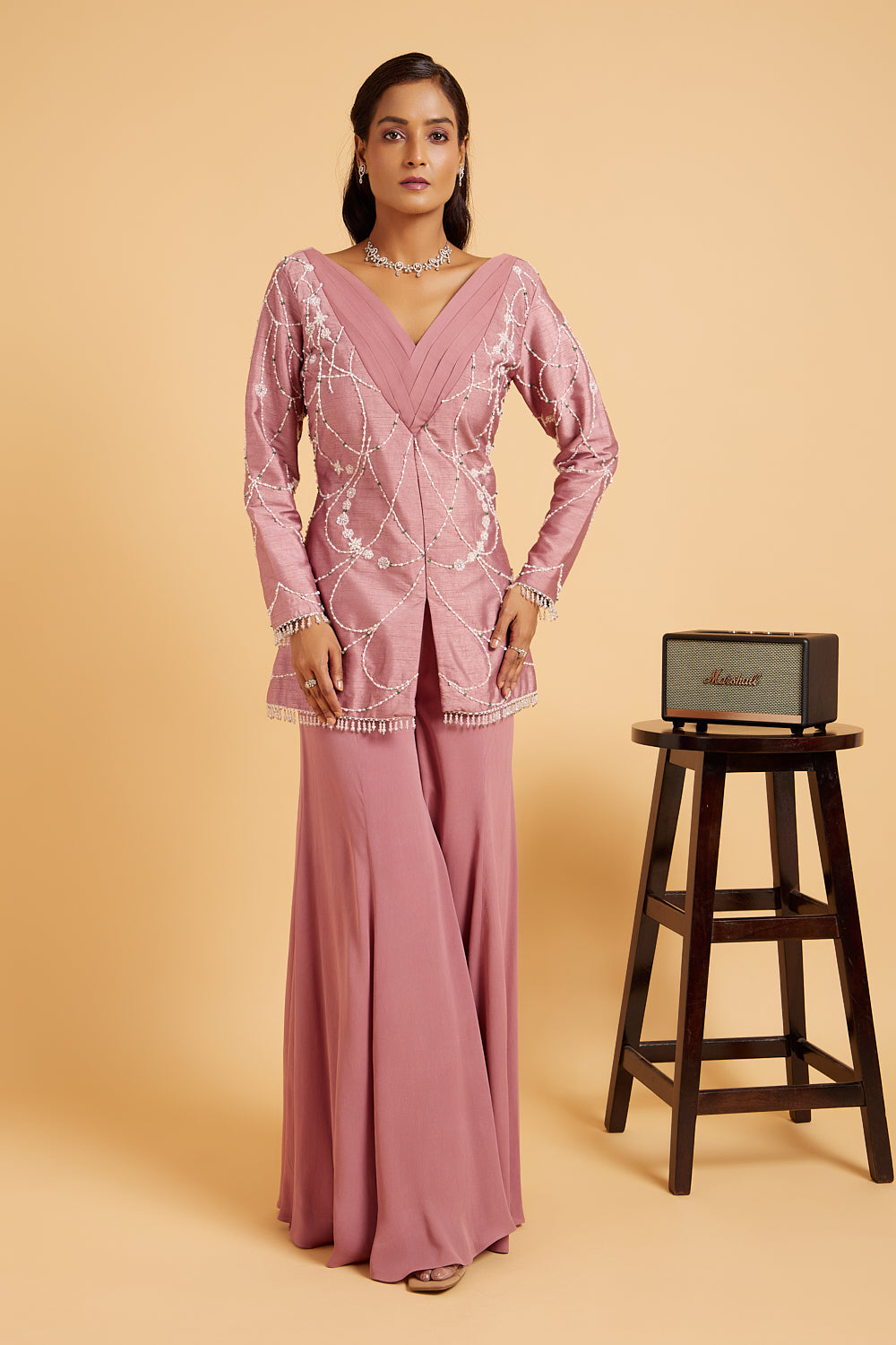 Blush Pink Pearl Hand Embroidered Sharara Set