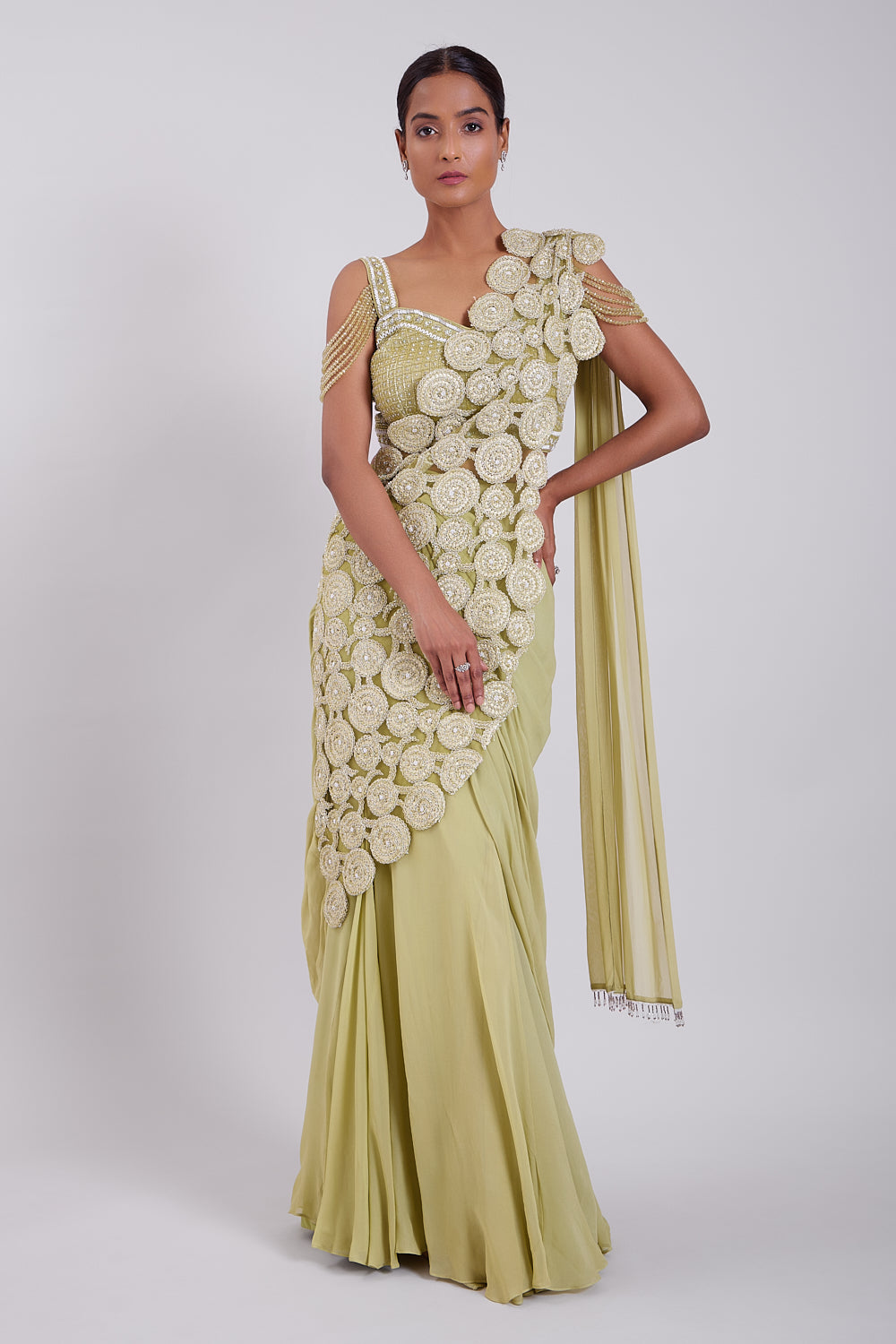 Sage Green Hand Embroidered Drape Saree