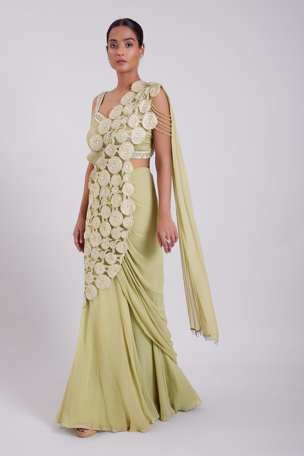 Sage Green Hand Embroidered Drape Saree