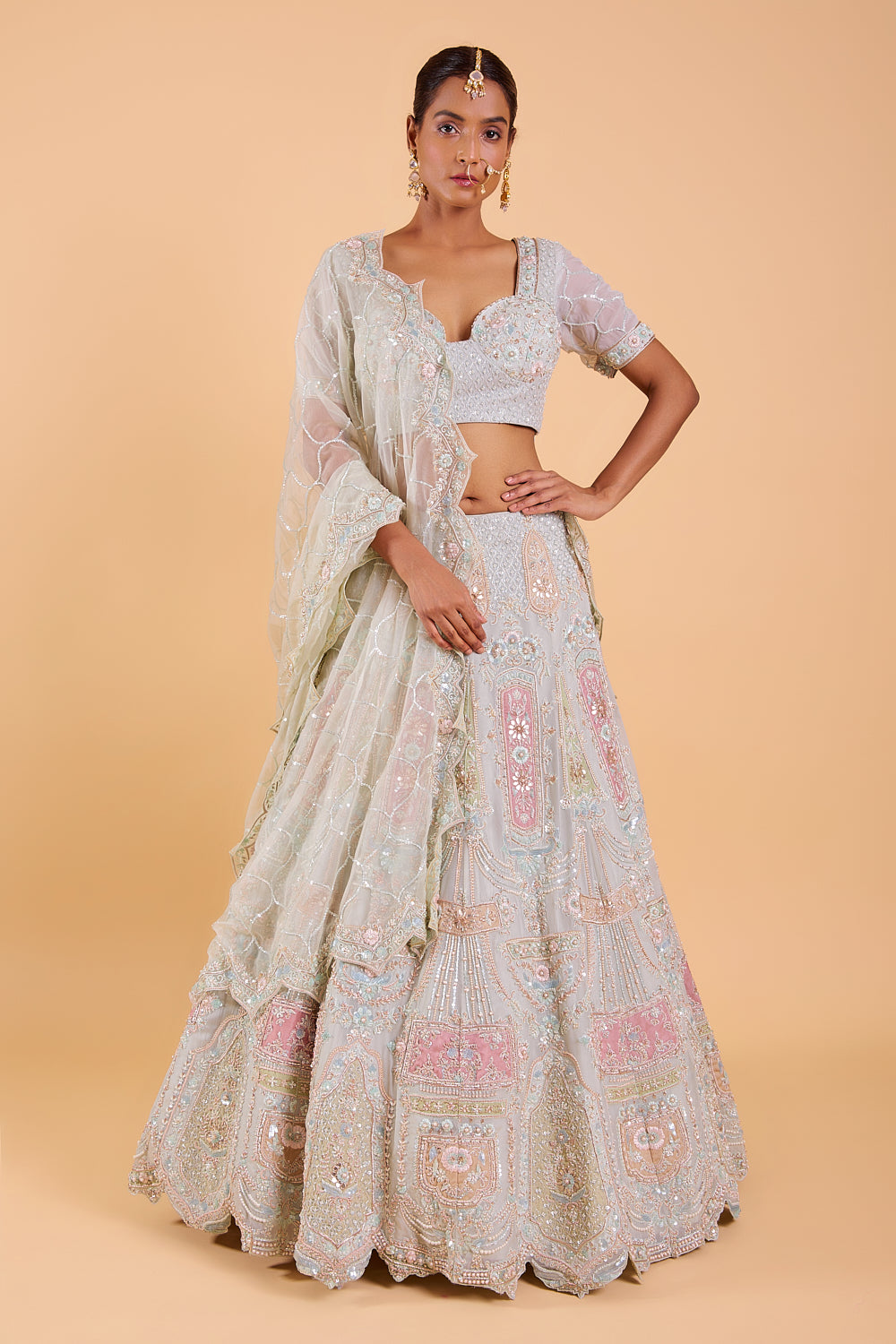 Vibrant Mint Bliss Organza Hand Embroidered Lehenga Set